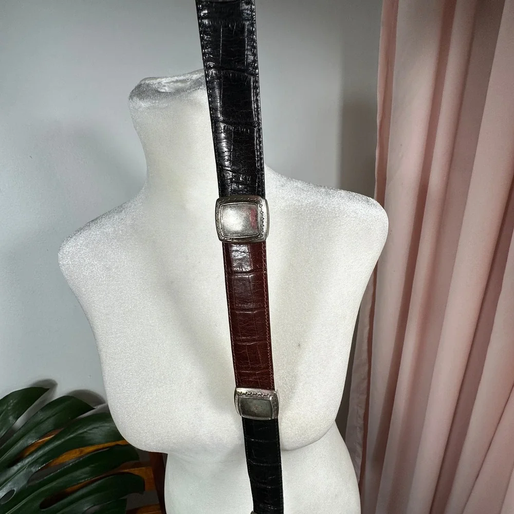 VTG Brighton Belt‎ Womens Small Black Brown Croc Embossed Leather Silver Buckle